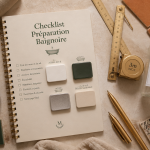 échantillons matériaux baignoire de salle de bain sur carnet checklist