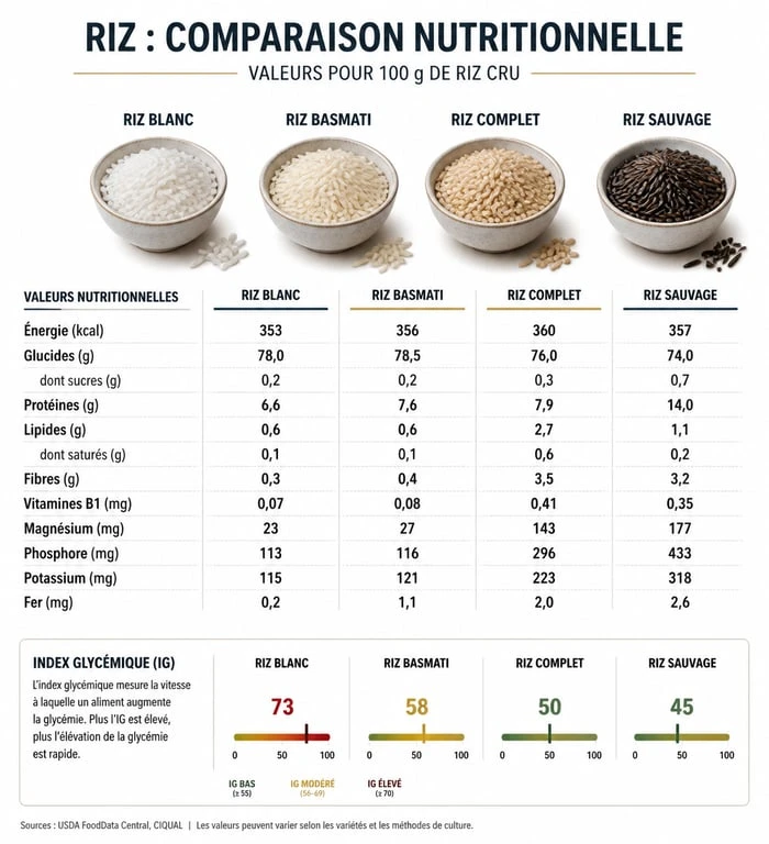 Infographie comparative des index glycémiques et apports nutritionnels des différents types de riz