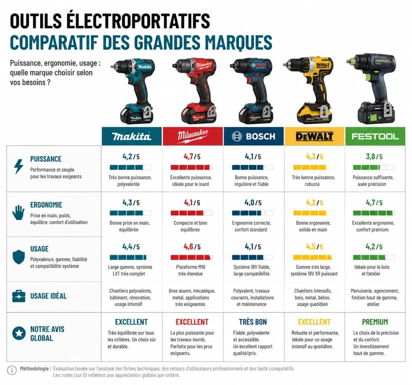 Comparatif des marques d'outillage portatif professionnel : Makita, Milwaukee, Bosch, Dewalt, Festool