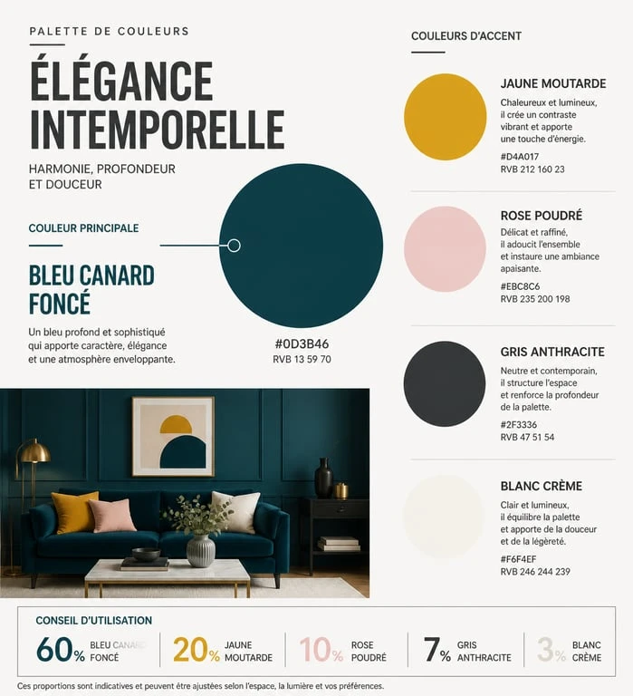 Palette de couleurs harmonieuses pour accompagner le bleu canard foncé en décoration intérieure