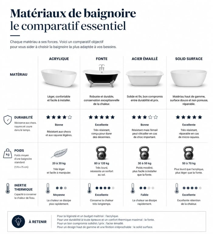 Comparatif des matériaux pour baignoire de salle de bain : acrylique, fonte, acier et solid surface