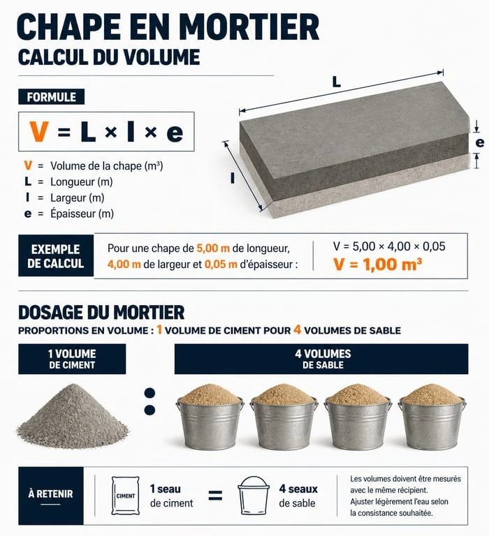 Infographie des étapes de calcul pour une chape et dosage du mortier