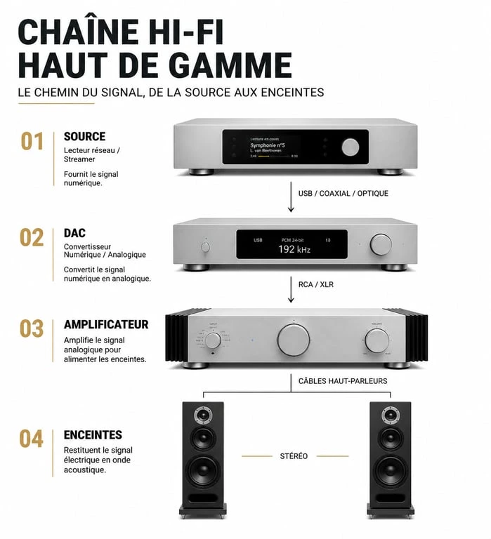 Schéma de connexion d'une chaîne hifi haut de gamme expliquant le rôle de chaque composant audio.