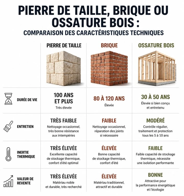 Infographie comparative des matériaux de construction : pierre de taille, brique et ossature bois
