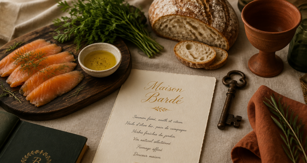 Table Maison Bardé avec saumon artisanal et menu manuscrit