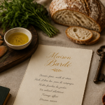 Table Maison Bardé avec saumon artisanal et menu manuscrit