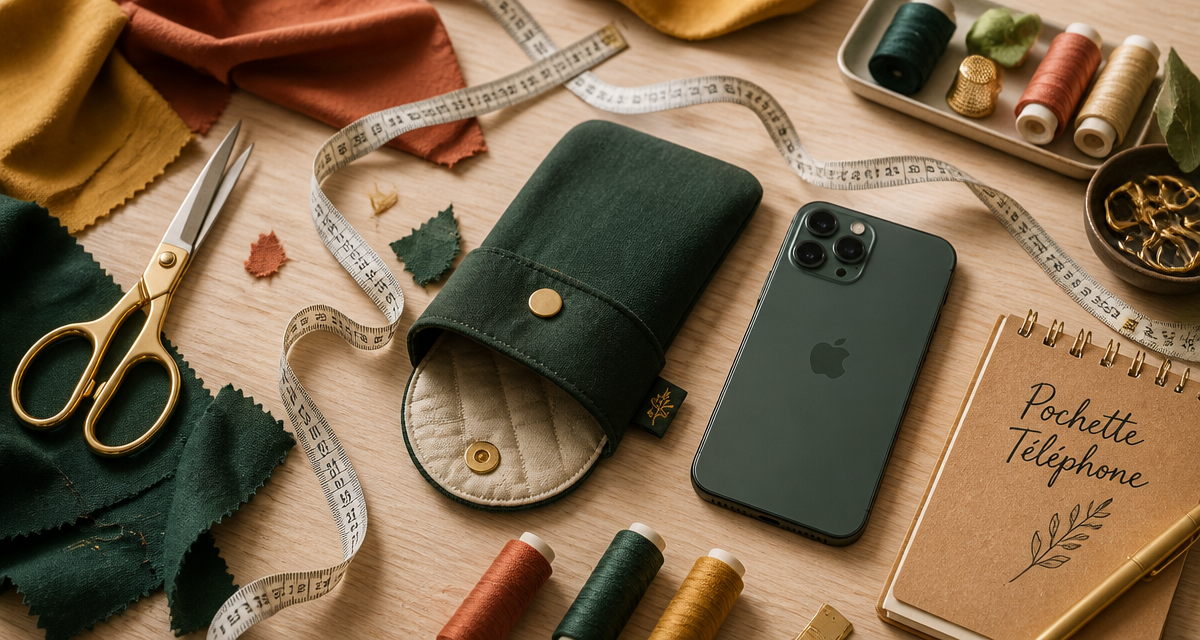 tuto pochette en tissu pour téléphone portable sur table couture