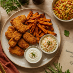 accompagnement nuggets avec assiette nuggets, frites patate douce, coleslaw