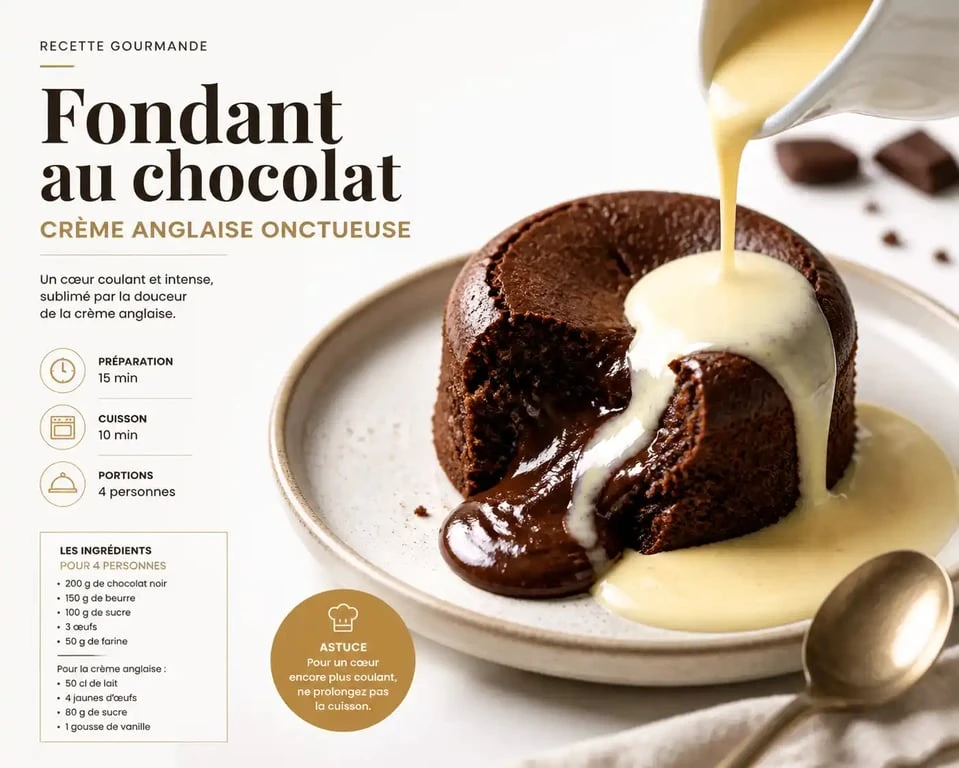 Fondant au chocolat nappé de crème anglaise pour accompagner un dessert