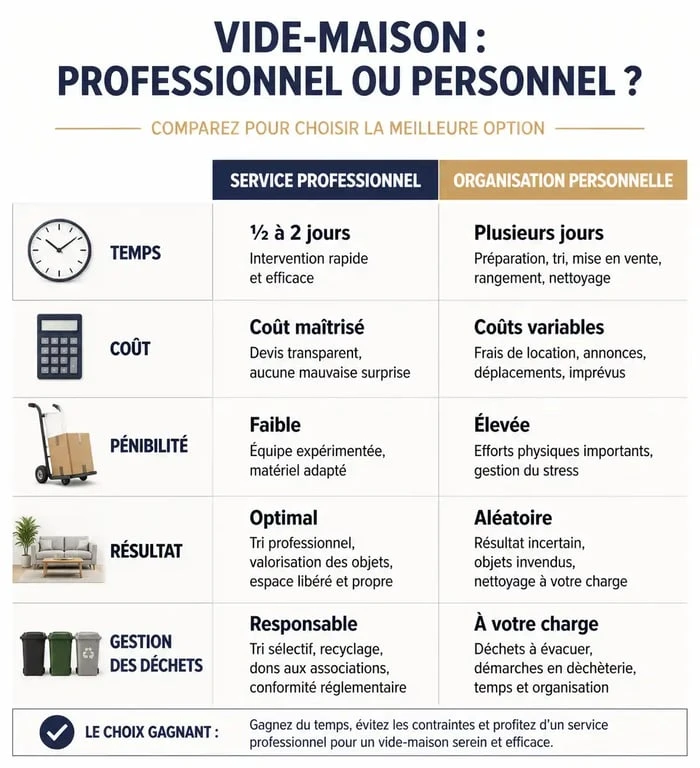 Tableau comparatif des avantages du service professionnel de vide maison à Laval par rapport à l'organisation personnelle.