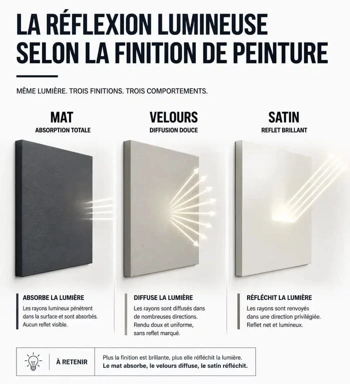Comparaison des finitions de peinture Guittet Satinéa Velours, Mat et Satin