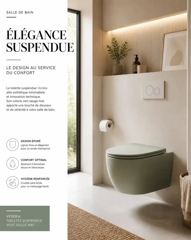 Salle de bain moderne avec une toilette colorée vert sauge mat, exemple de décoration pour WC design.
