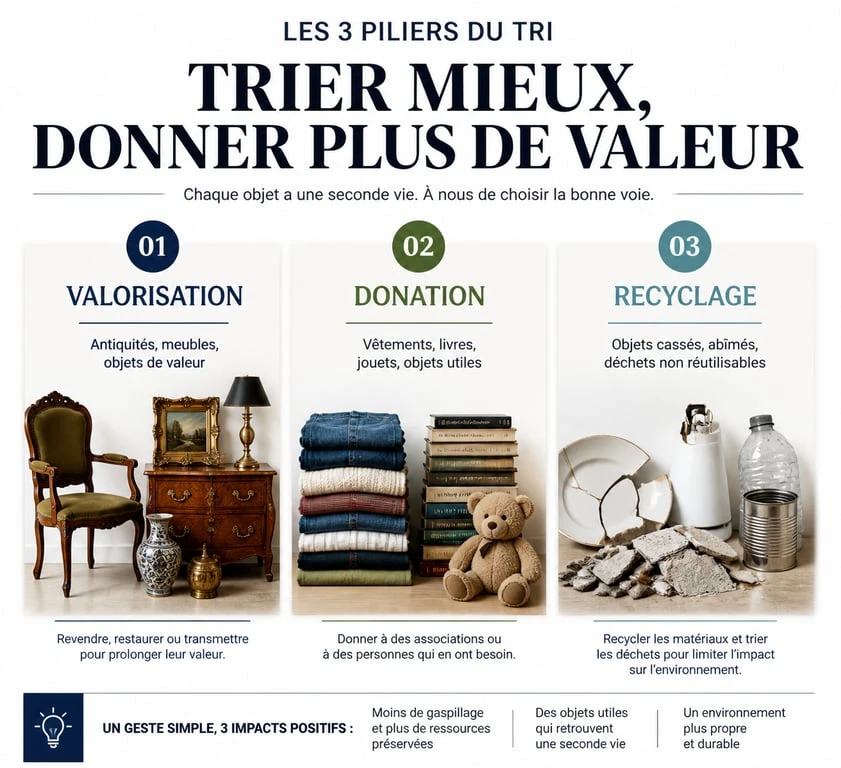 Infographie sur les trois piliers du tri lors d'un vide-maison dans le Lot : valorisation, don et recyclage.