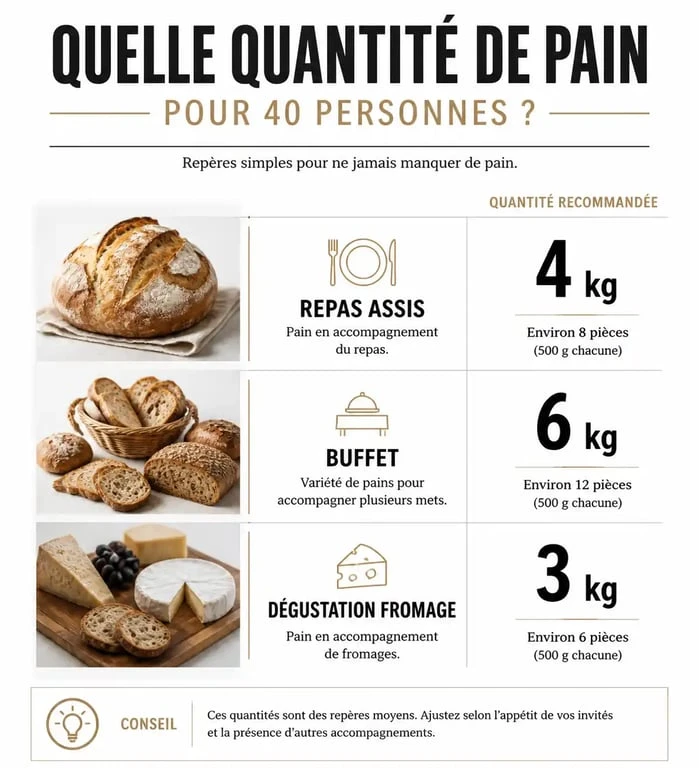Infographie des quantités de pain pour 40 personnes selon le type de réception