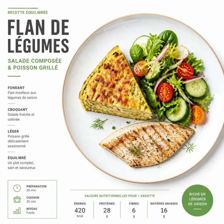 Assiette équilibrée avec un flan de légumes, salade et protéines, idée de plat à servir avec un flan de légumes
