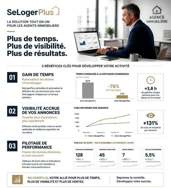 Infographie des bénéfices de SeLogerPlus pour les professionnels de l'immobilier