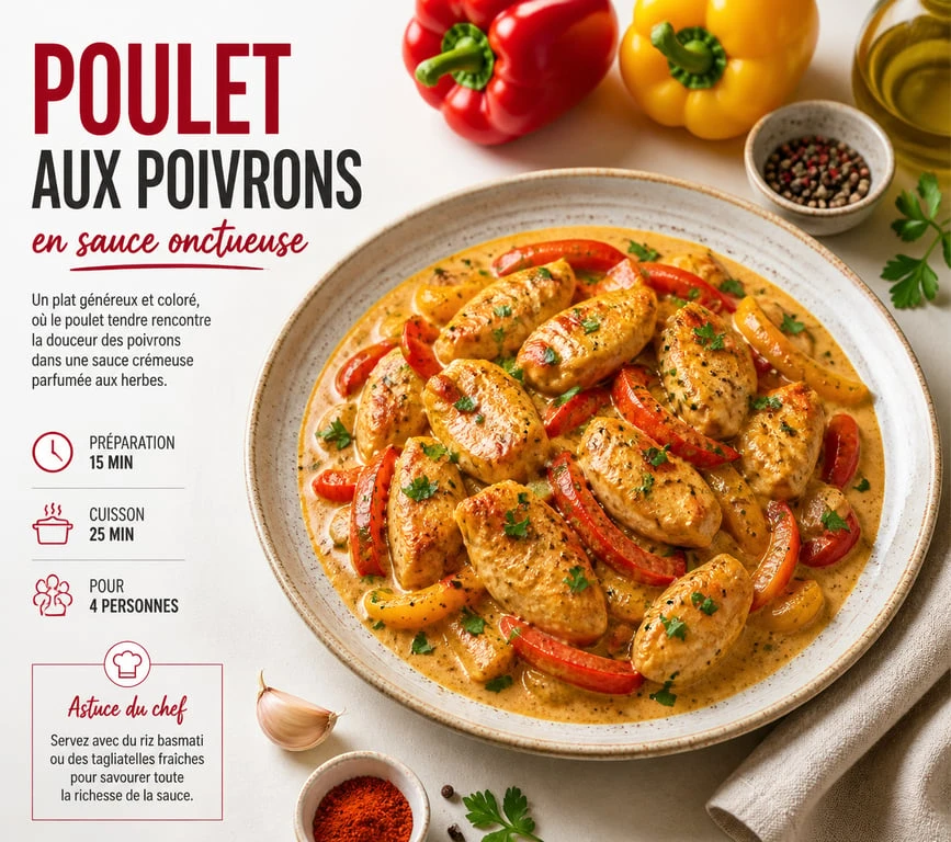 Recette poulet poivron en sauce servi dans une assiette élégante