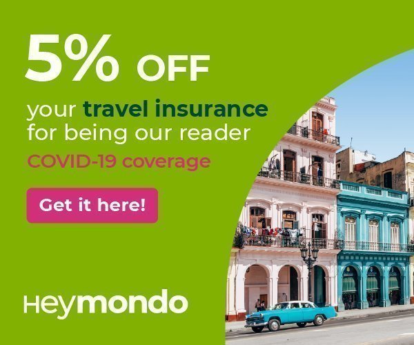 Heymondo banner ad offering a 5% discount if you get travel insurance by clicking on the banner through Sas Crossing Countries.