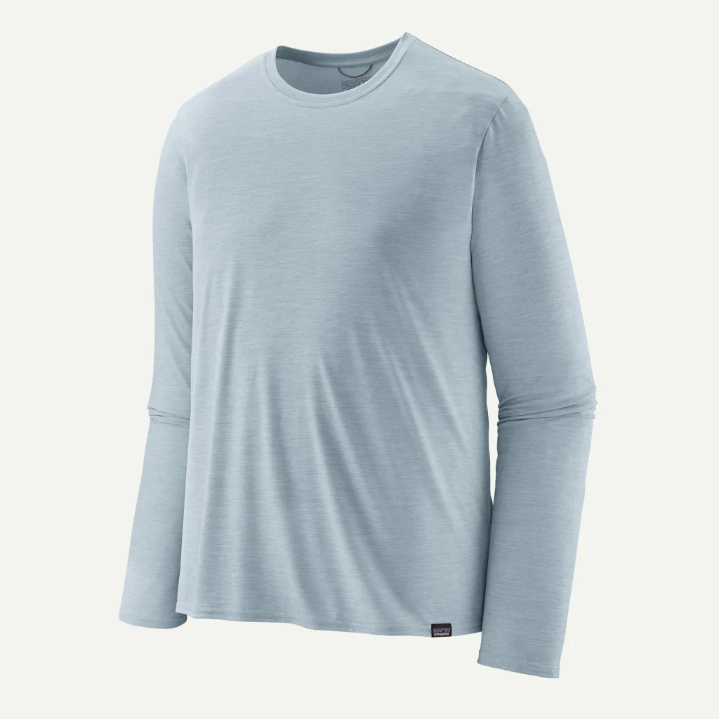A men's merino wool light blue longsleeve. Clicking this picture will bring you to the product page on the website of Patagonia