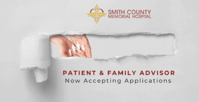 Graphic announcing that Smith County Memorial Hospital is now accepting applications for Patient and Family Advisors.