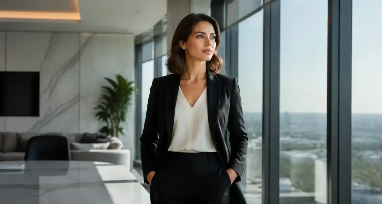 Femme professionnelle en position de leadership dans un bureau moderne