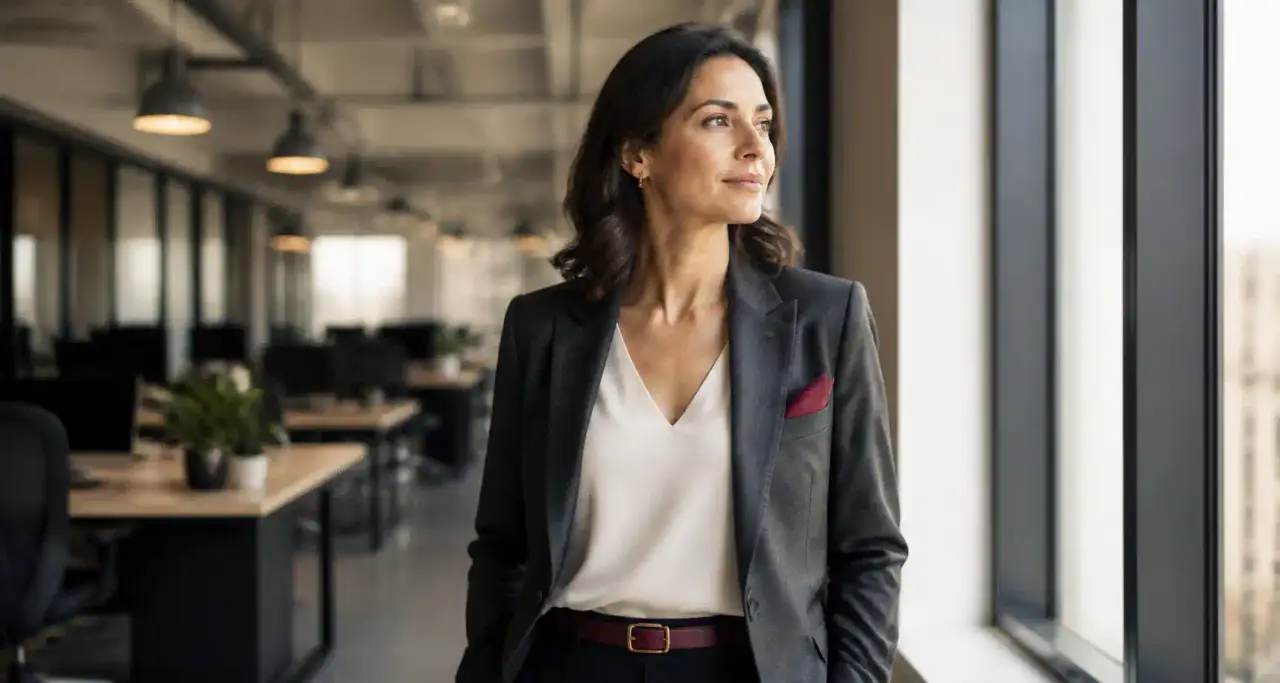 Femme cadre confiante dans un bureau lumineux moderne, regard tourné vers la lumière