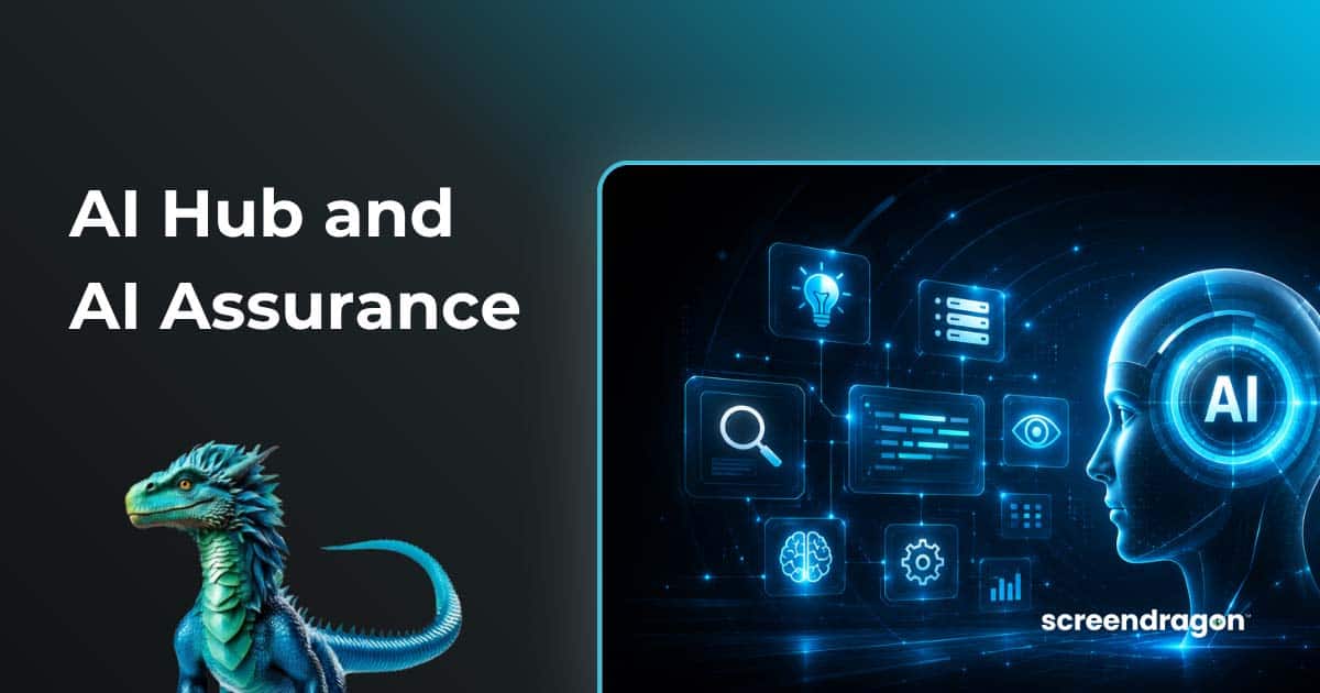 Screendragon AI Hub and AI Assurance with digital AI icons and a futuristic human profile.