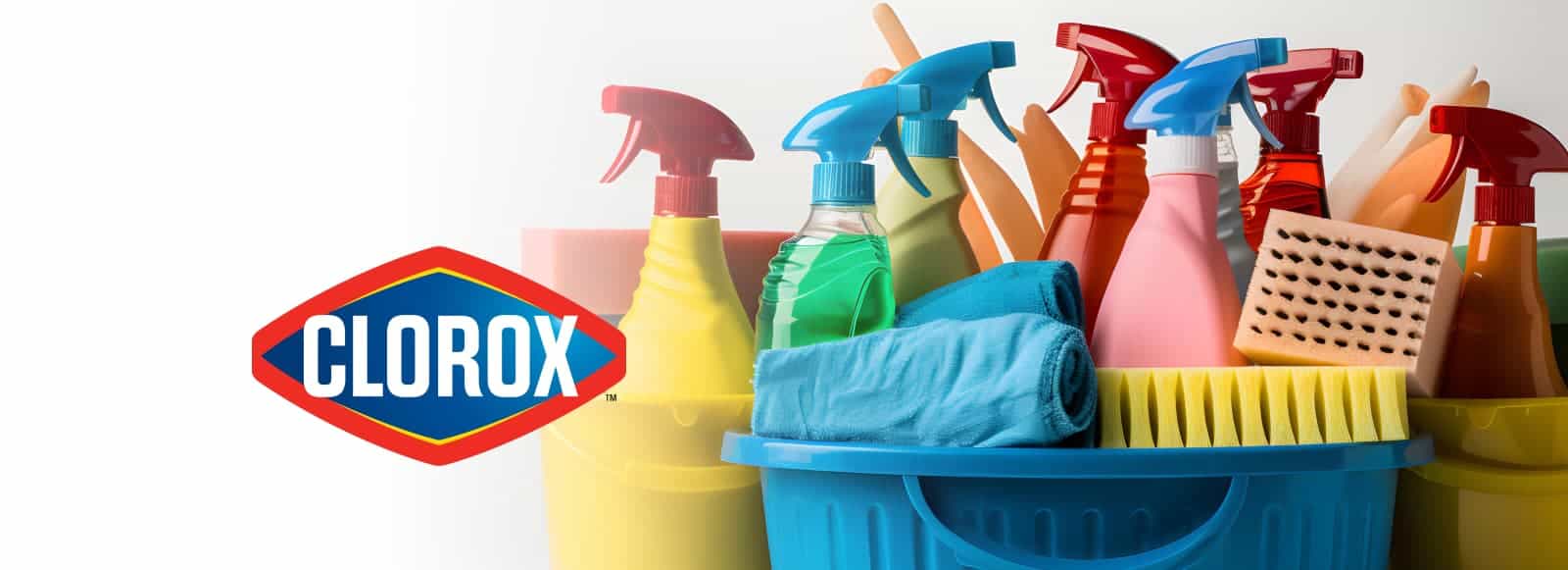 A bucket filled with various cleaning supplies.