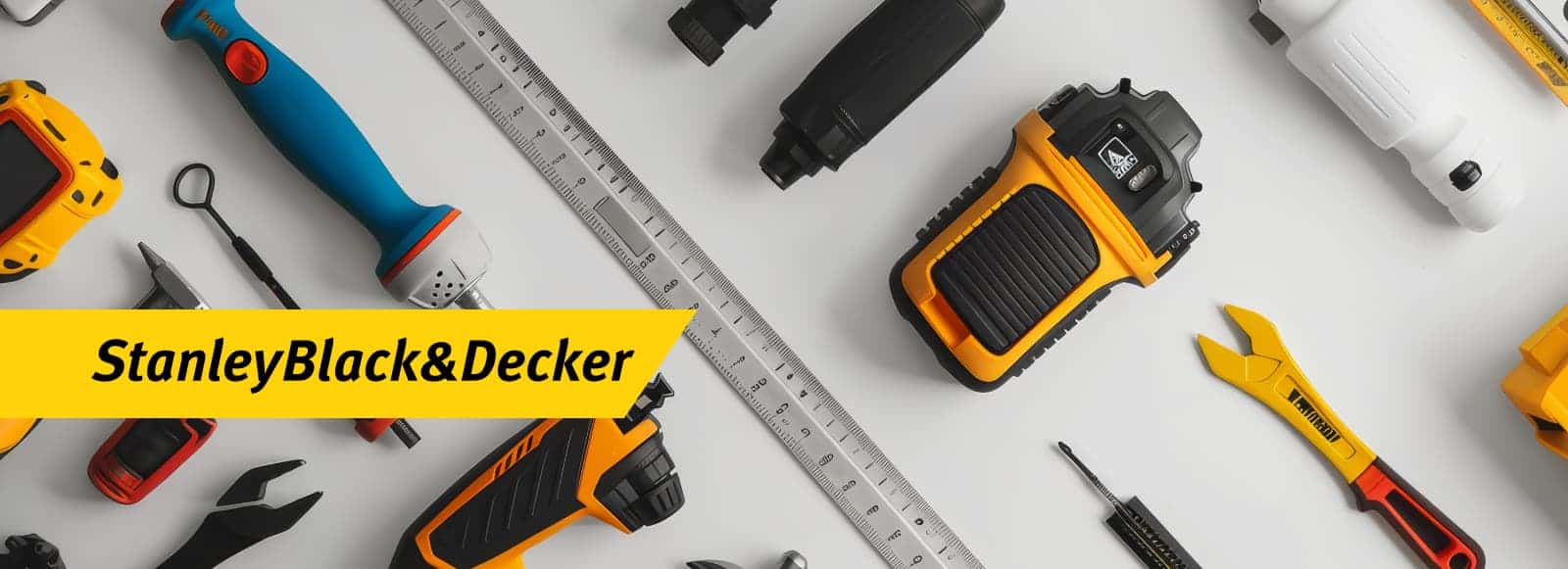 A collection of StanleyBlack&Decker tools arranged on a table, featuring various types of equipment including drills, predominantly in yellow.
