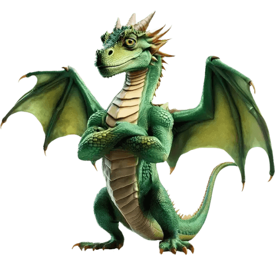 Green dragon standing with wings outstretched and arms crossed.