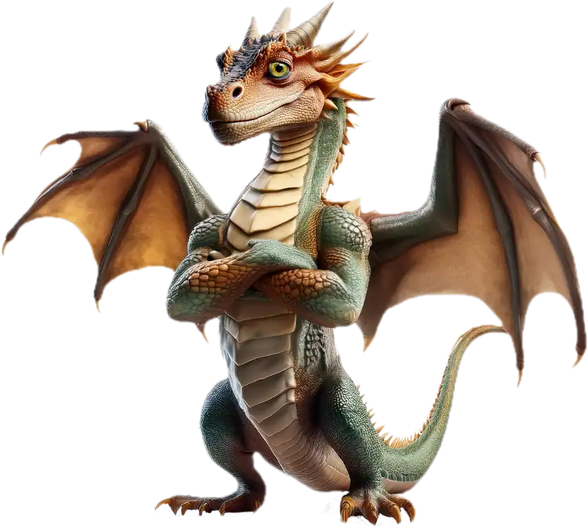 Cartoon dragon character with wings and crossed arms, colourful and friendly.