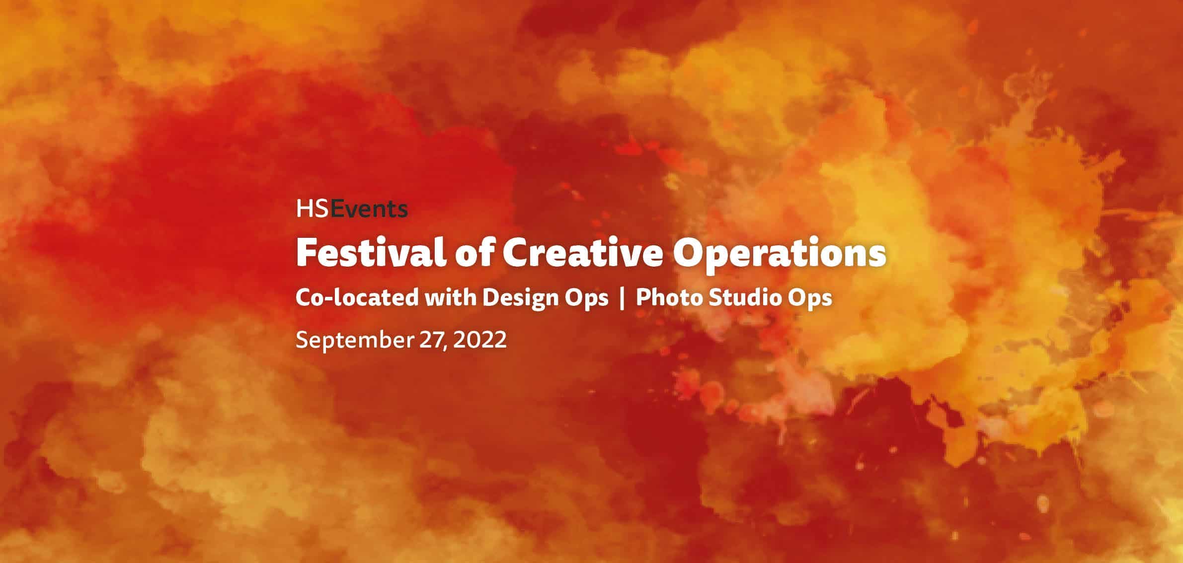 A vibrant orange and red abstract background with event details for Festival of Creative Operations.