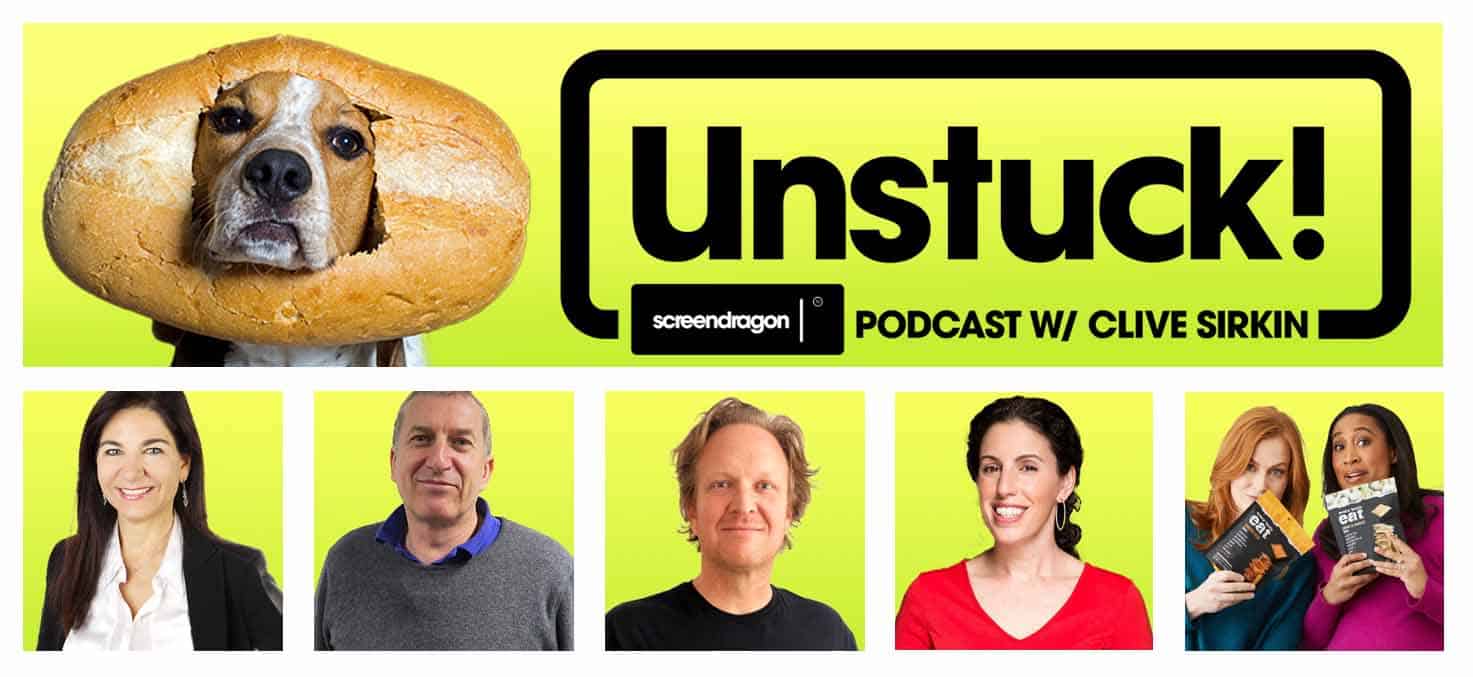 A dog with a bread roll around its head, promoting the Unstuck! podcast with Clive Sirkin.