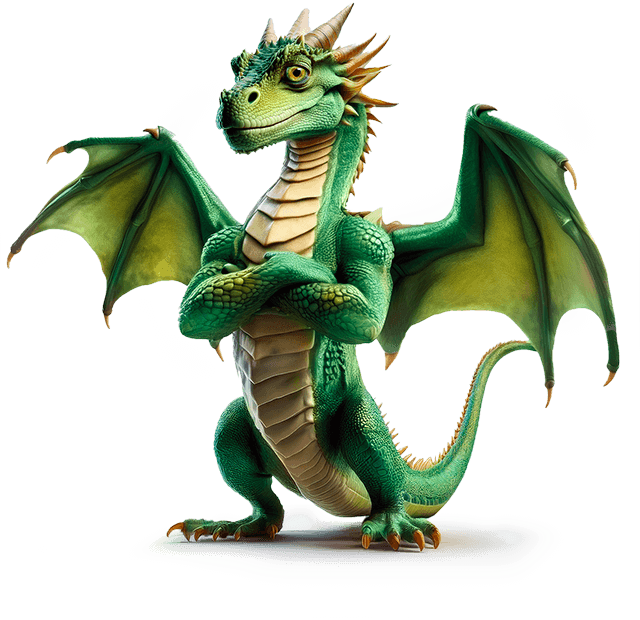 A green dragon with wings is prominently displayed against a black background, showcasing its detailed scales and fierce expression.
