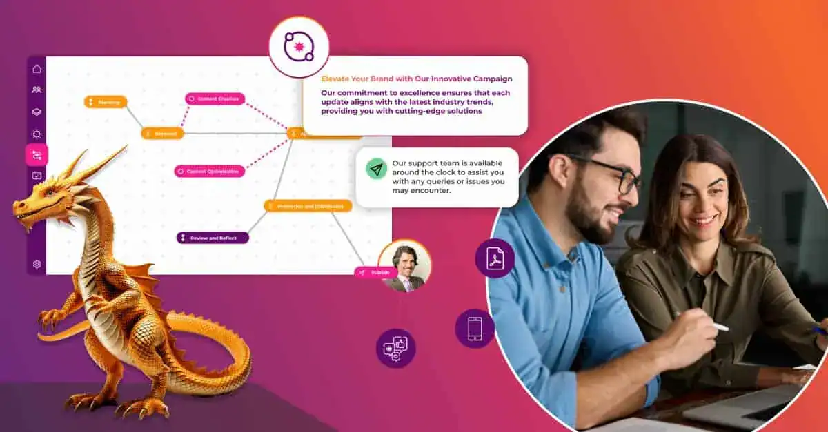 Team collaborating with digital tools and dragon mascot in a modern office setting.