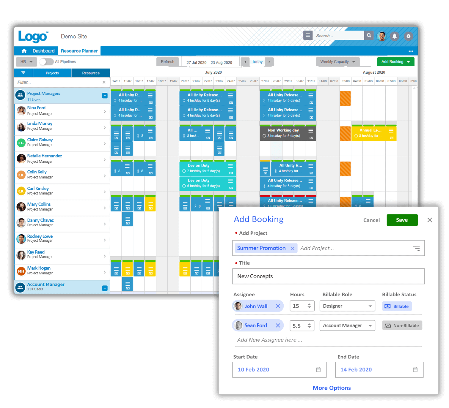 Streamlined project management software interface with calendar view and task scheduling.