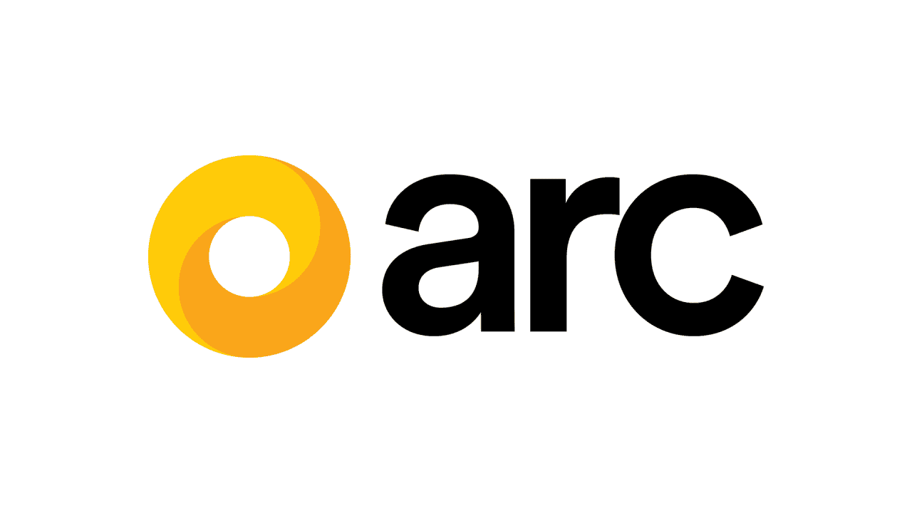 Arc logo with yellow circle and black text on white background.
