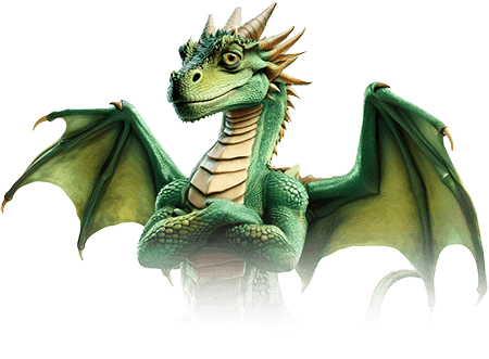 Illustration of a green dragon with wings spread, arms crossed, and a confident expression.