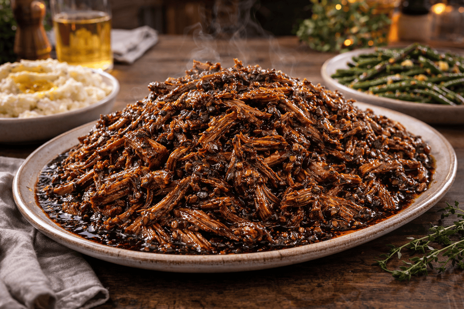 Juicy shredded pork cooked in brown sugar and balsamic vinegar, perfect for family dinners.