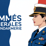 Femme général gendarmerie devant drapeau français stylisé