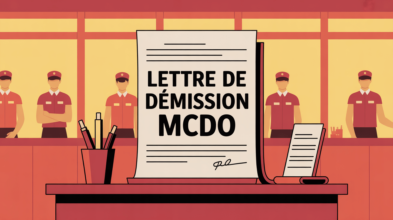 Lettre de demission McDo sur bureau, employés restauration rapide en fond