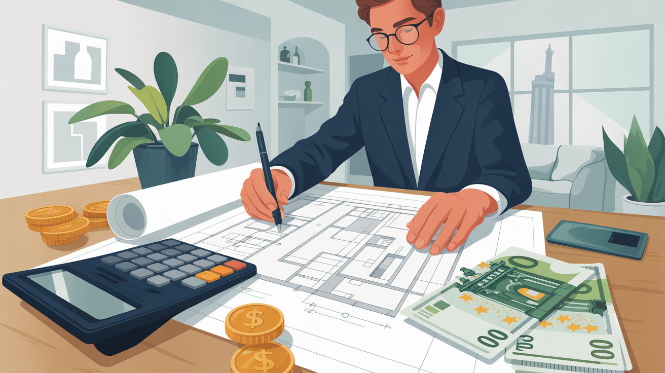 Illustration architecte d'intérieur salaire avec plans et euros