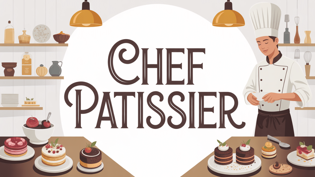 chef patissier en cuisine avec desserts et ustensiles