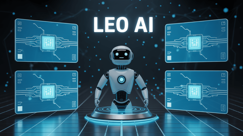 leo ai interface futuriste avec robot assistant et écrans holographiques