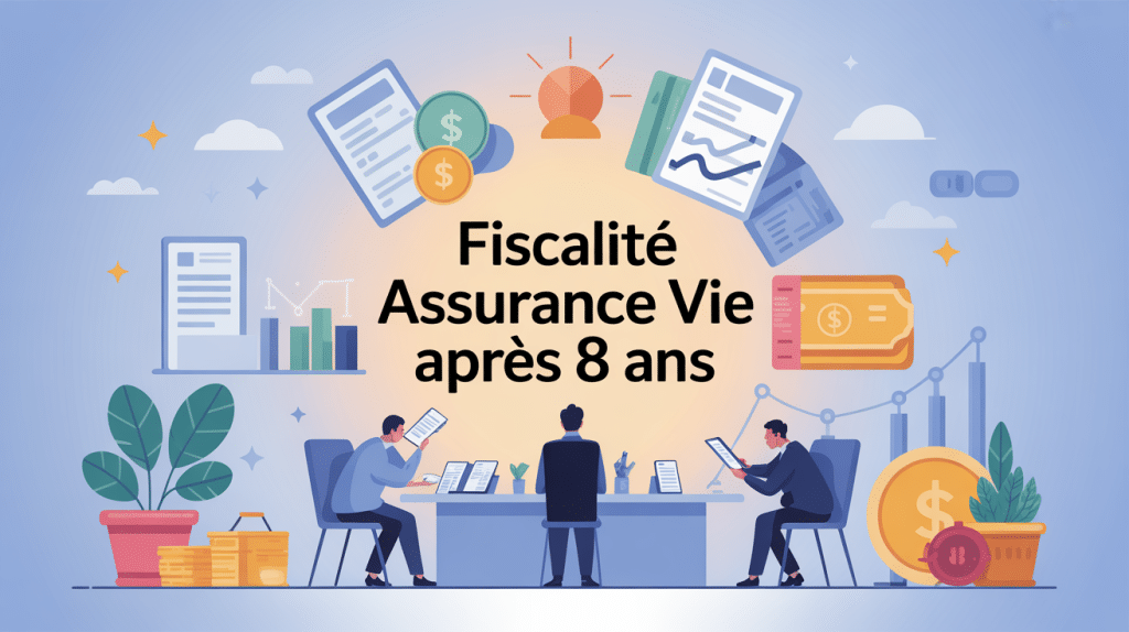 Scène de fiscalité assurance vie après 8 ans avec contrats et documents