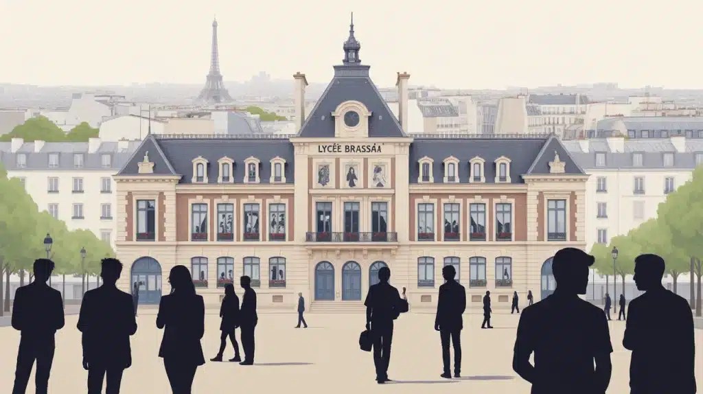 Illustration vectorielle du Lycée Brassaï avec étudiants et fond parisien