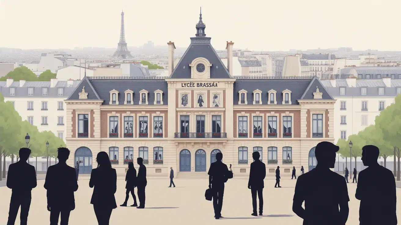 Illustration vectorielle du Lycée Brassaï avec étudiants et fond parisien