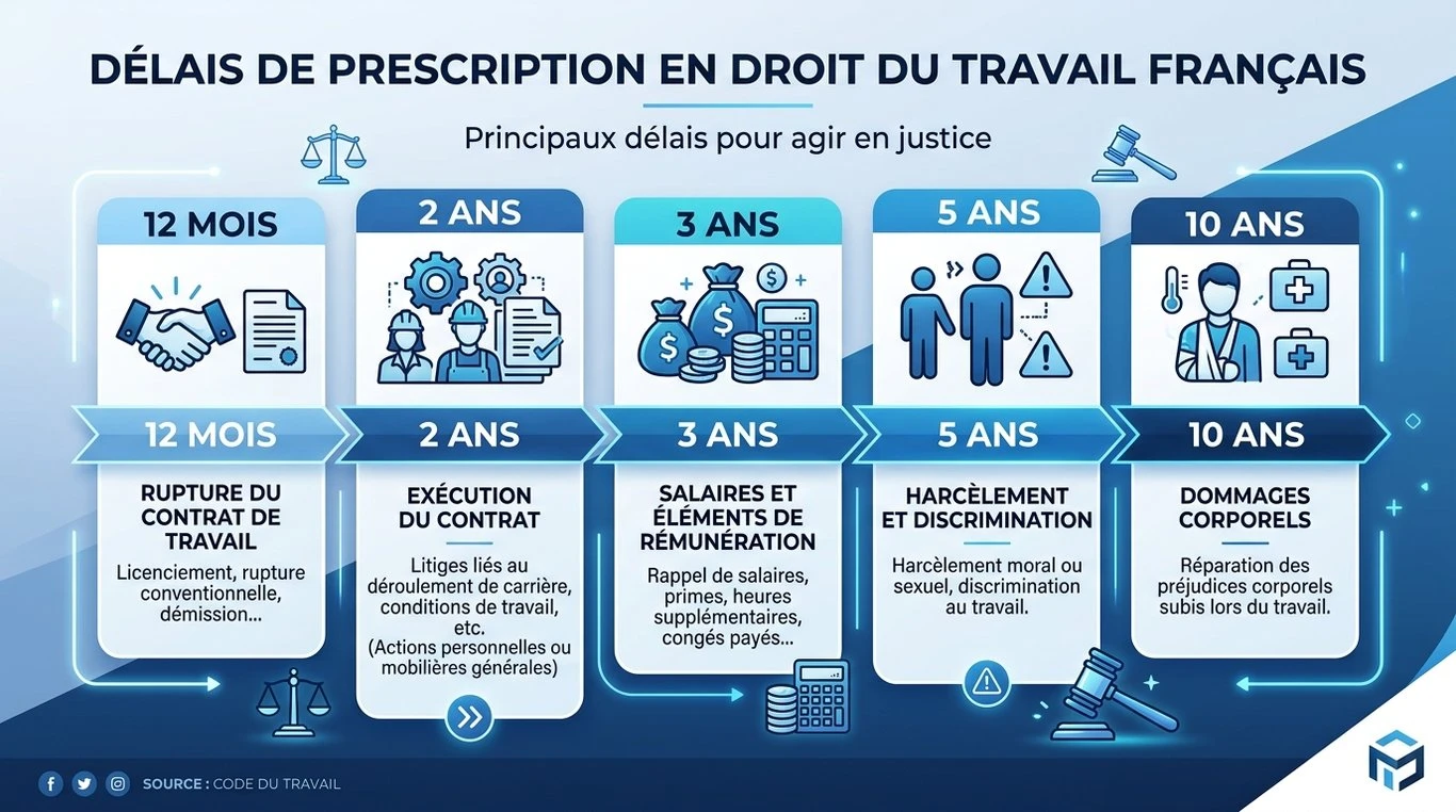 Infographie des délais de prescription en droit du travail français