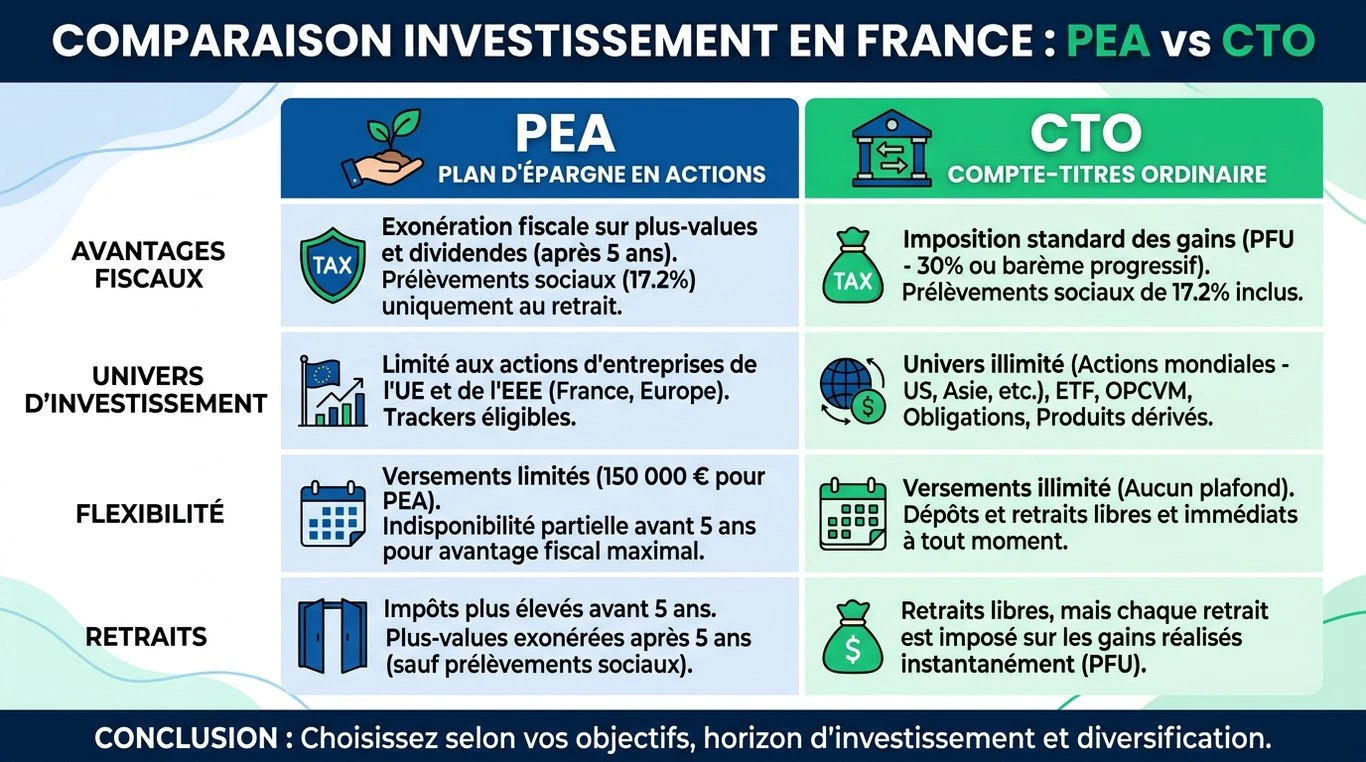 Infographie comparative : PEA vs Compte-Titres pour investir en bourse