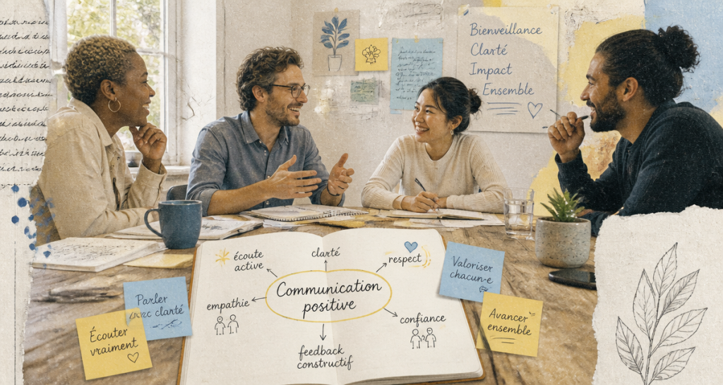 Groupe en réunion illustrant la communication positive